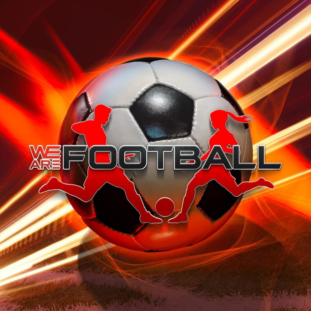 Fußball mit Silhouetten von Spielern, Text "WE ARE FOOTBALL" auf rotem und orangem Hintergrund.