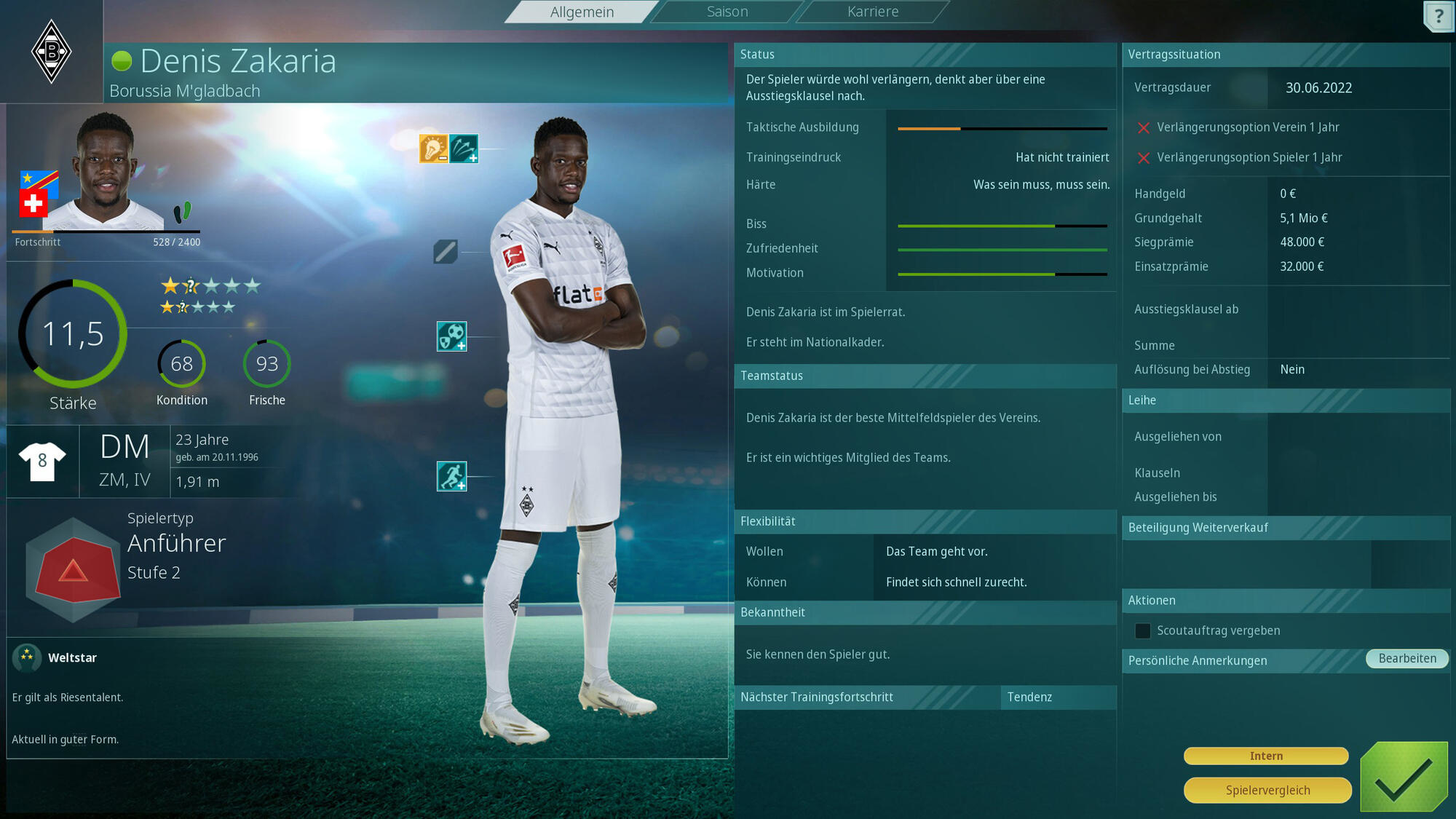 Denis Zakaria in einer Fußballspieloberfläche mit Statistiken und einem Porträt.