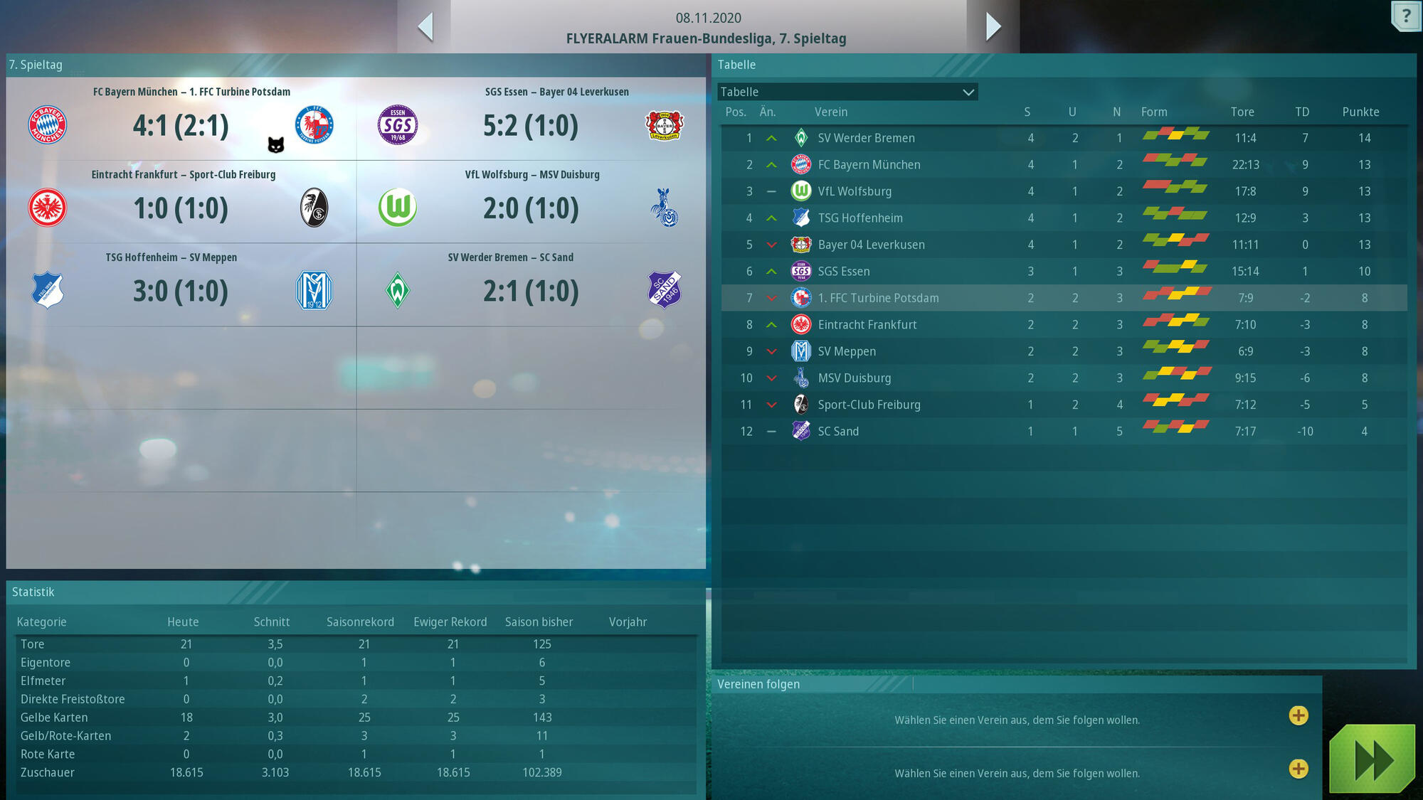 Eine Tabelle mit Fußballspielergebnissen und Statistiken, mit Teamlogos und angezeigten Ergebnissen.