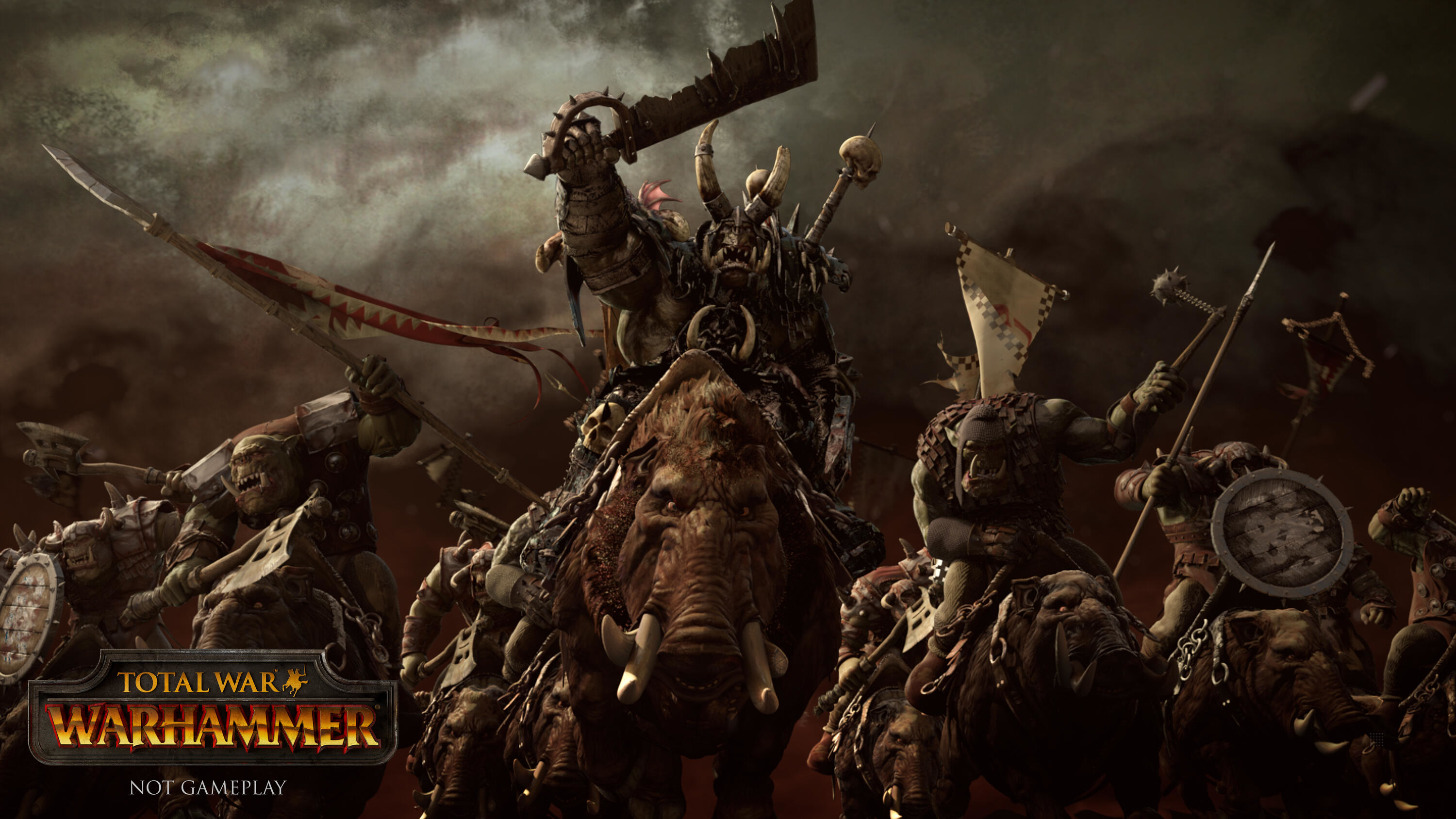 Warhammer-Szene mit Orks auf Elefanten. Banner, Schlachtfeld und dunkler, rauchiger Hintergrund.