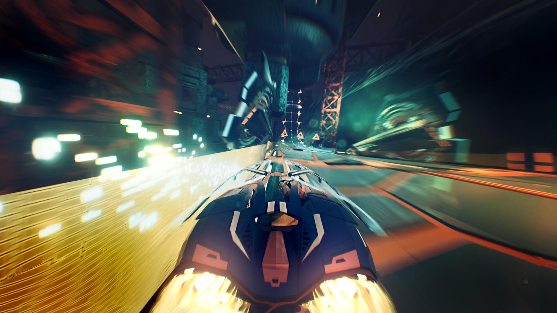 Ein sich schnell bewegendes Raumschiff reist durch einen neonbeleuchteten Tunnel mit komplexen mechanischen Strukturen.