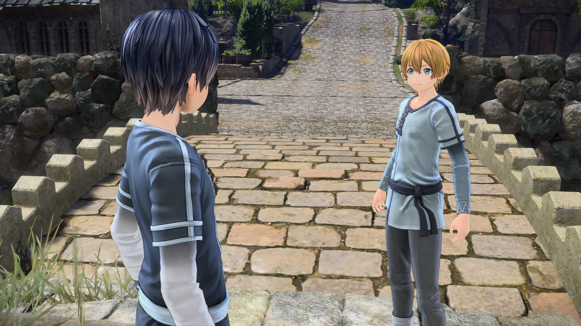 Due personaggi anime in piedi su un ponte di pietra, uno di fronte all'altro, in un'ambientazione medievale.