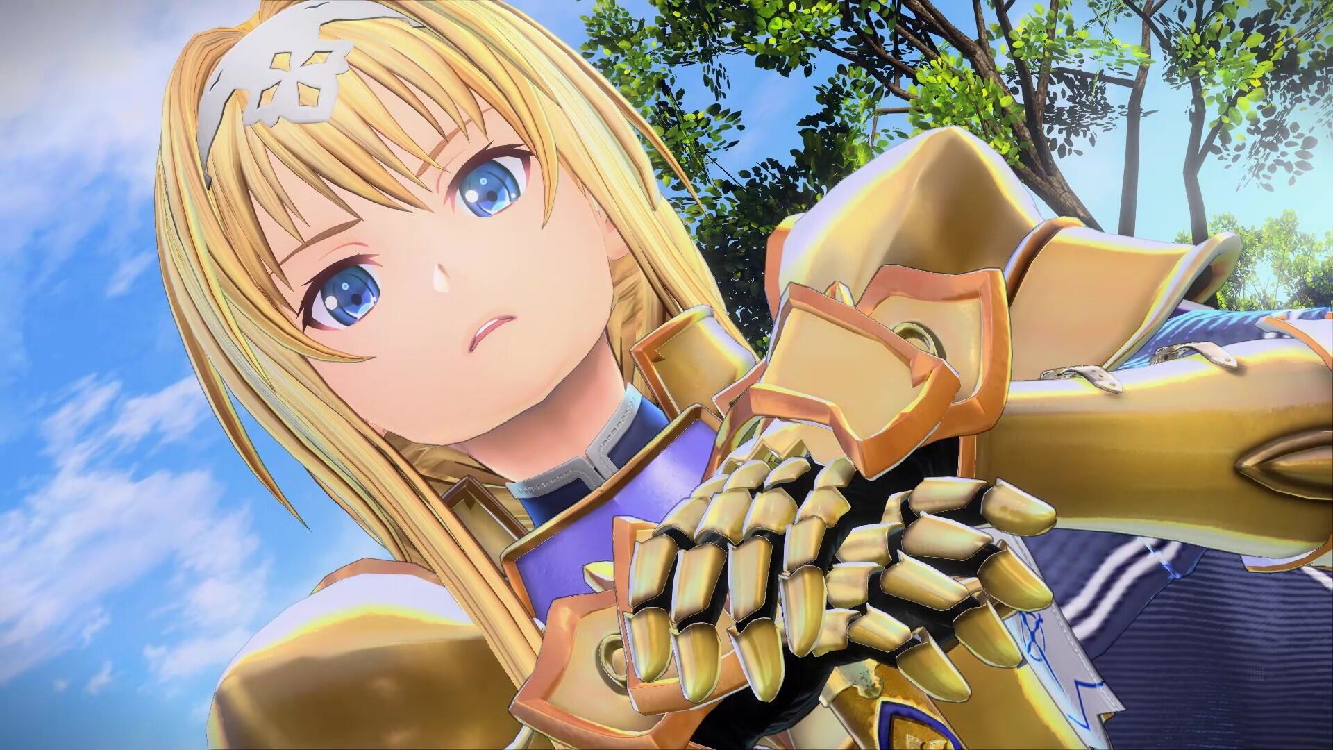 Una donna anime con armatura d'oro guarda in basso, con un cielo blu e alberi sullo sfondo.