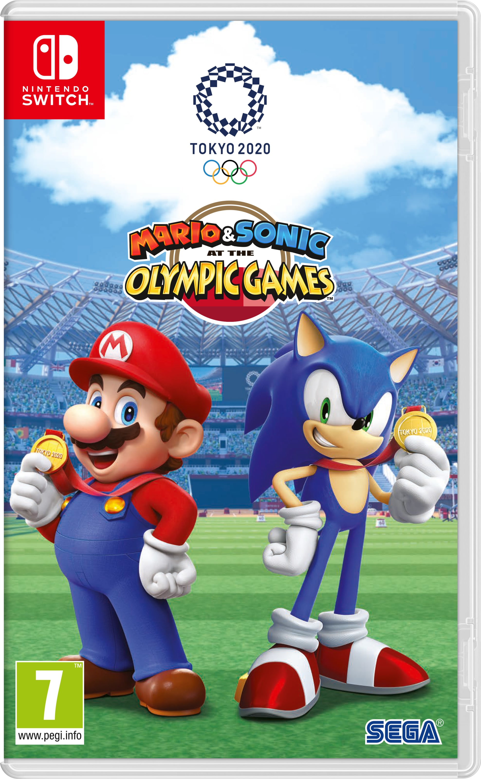 Una caja de juego de Nintendo Switch con Mario y Sonic sosteniendo medallas. El juego se desarrolla en los Juegos Olímpicos.