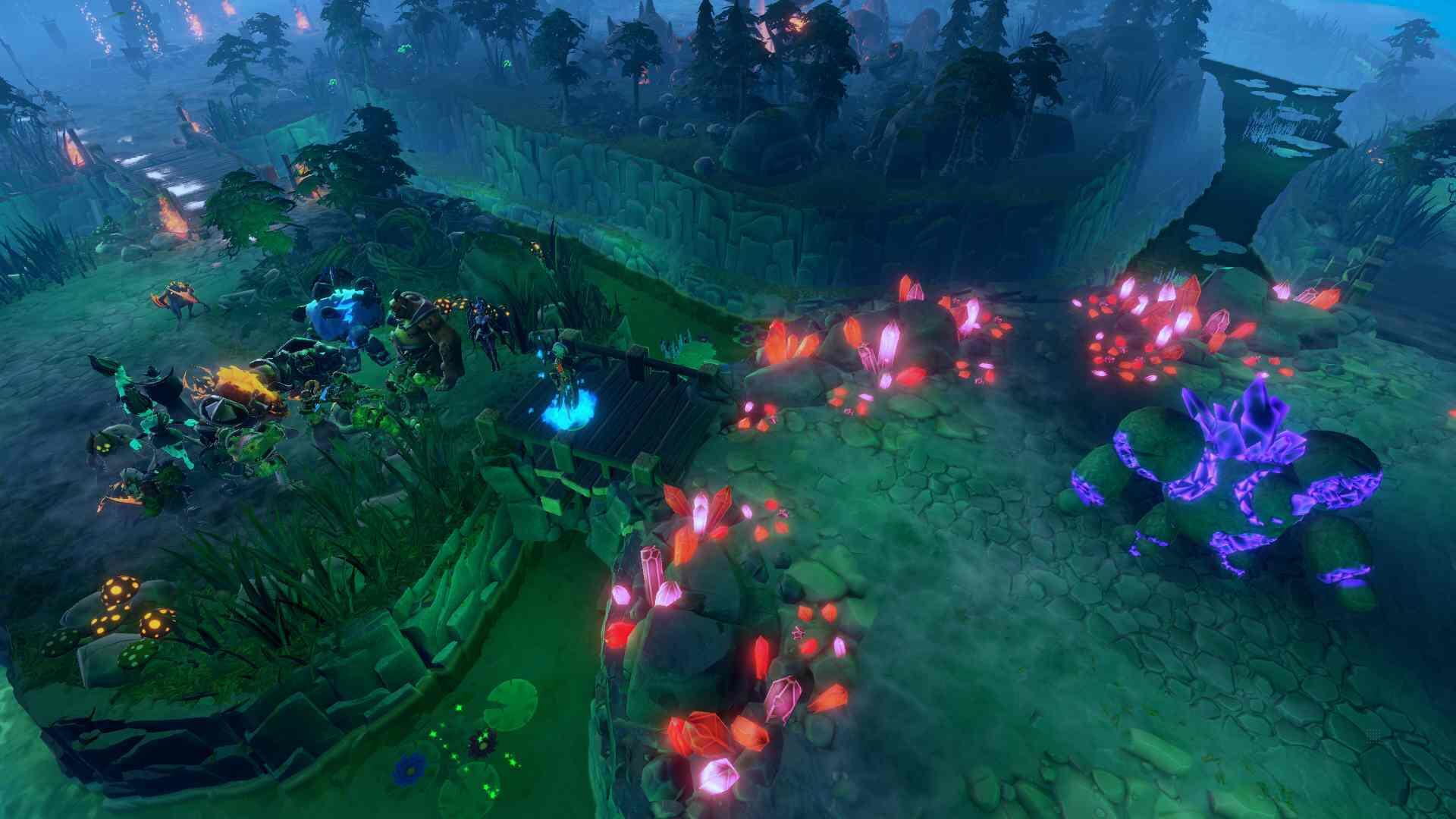 Scena z gry z mostem, kryształami i bagnistą wodą. Widok na drzewa i mroczną, mistyczną scenerię.