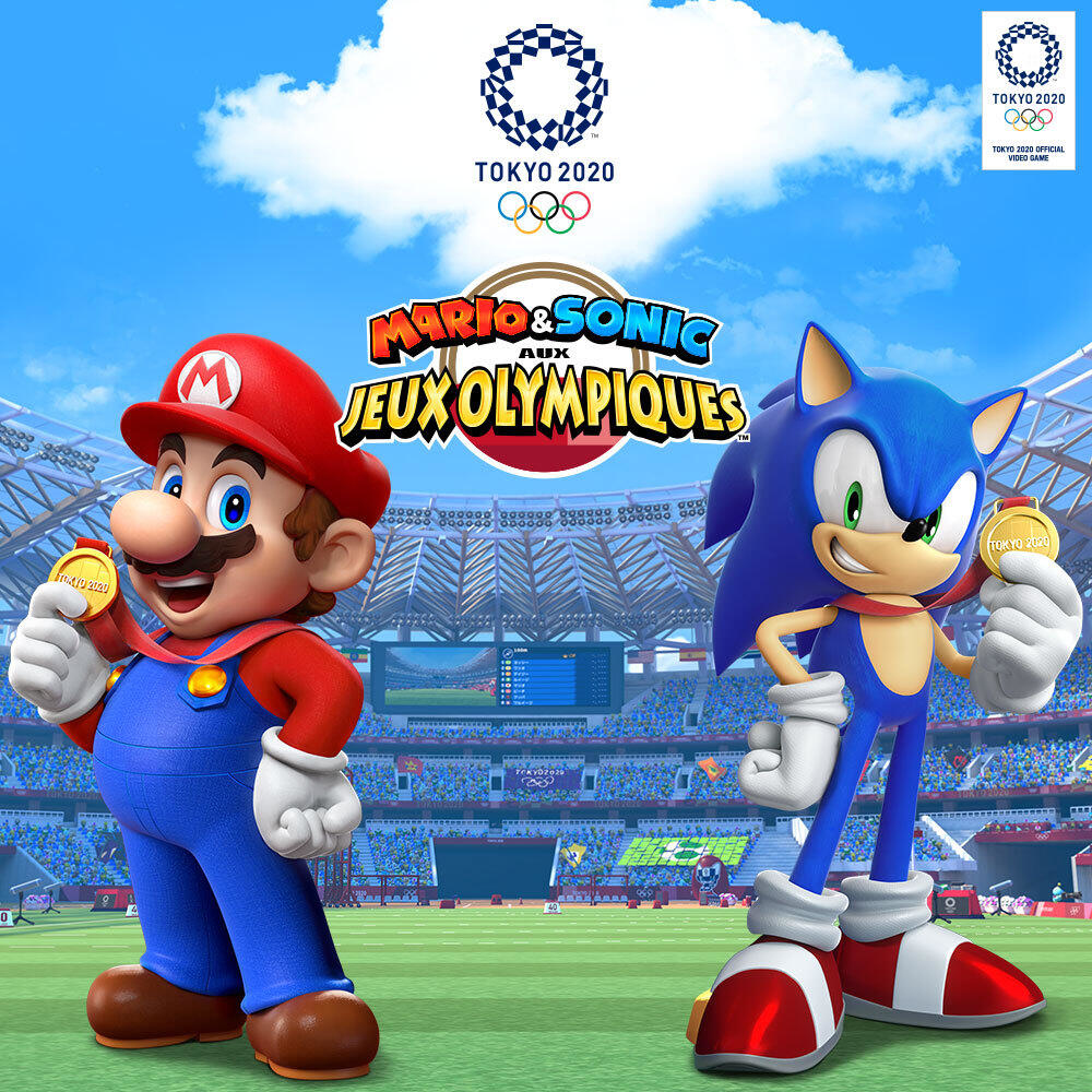 Mario y Sonic sosteniendo medallas frente a un logotipo de Tokio 2020. Un cielo azul forma el fondo.