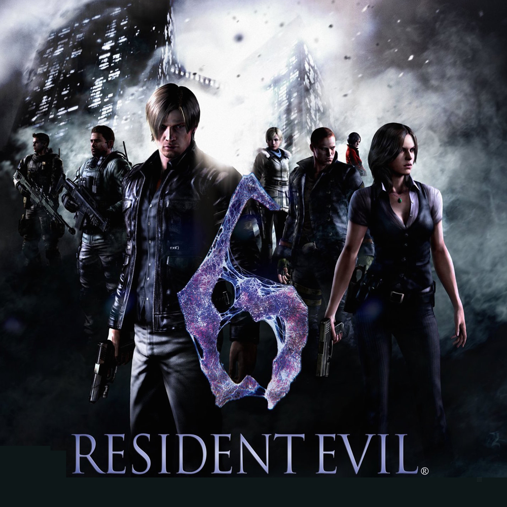 Copertina di Resident Evil 6. Presenta più personaggi con pistole, uno sfondo cittadino e il logo del gioco.