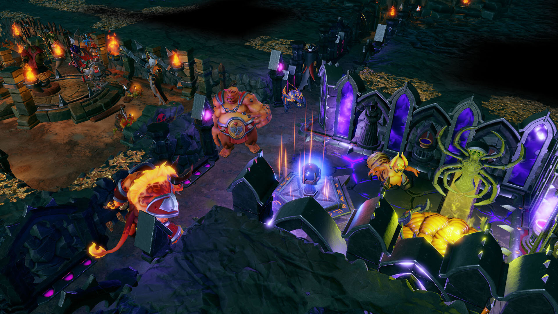 Scena z gry z różnymi potworami walczącymi. Mroczna sceneria fantasy z świecącymi kryształami i mostem.