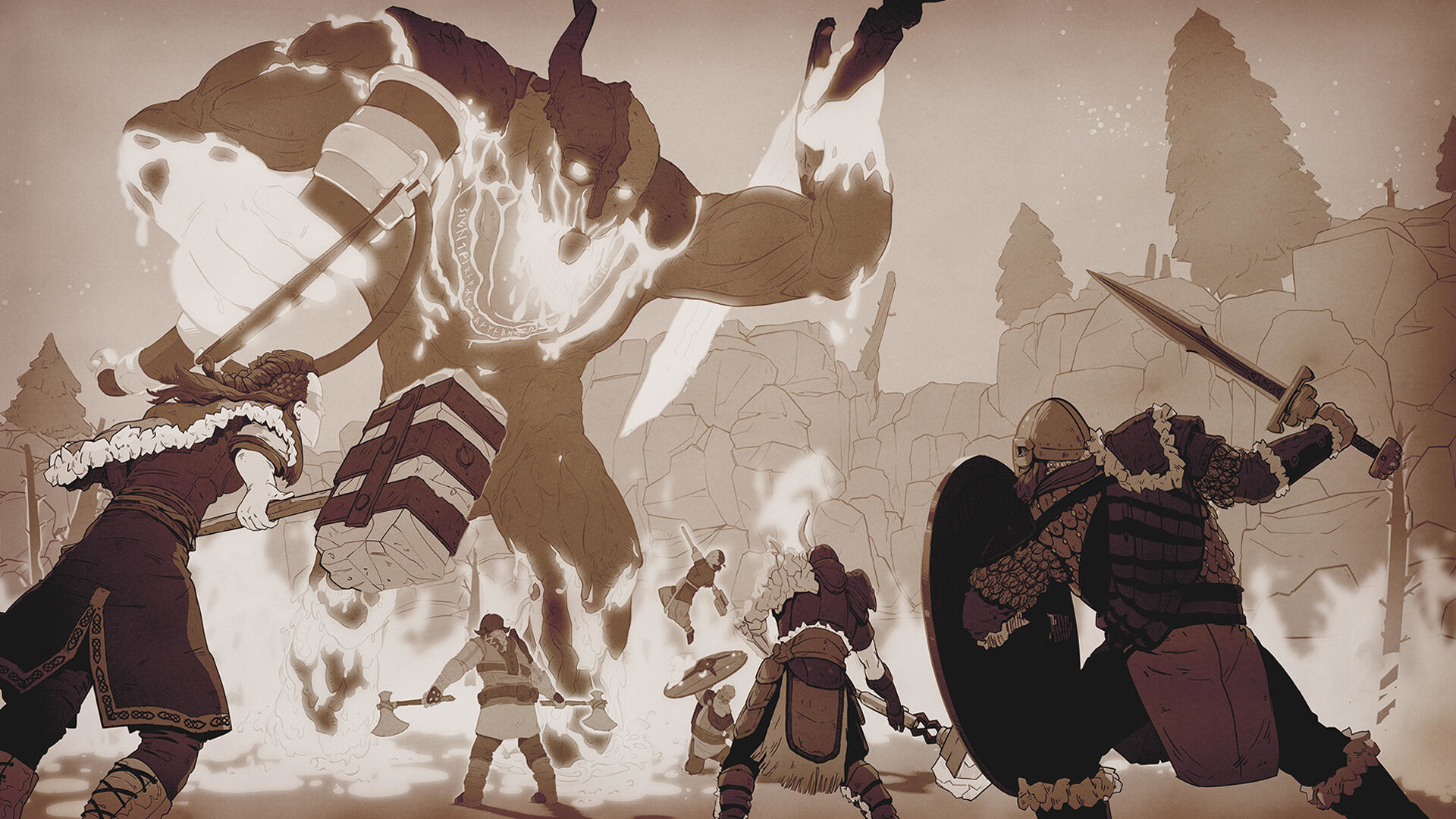 Una ilustración en tonos sepia muestra guerreros luchando contra un monstruo grande y ardiente.