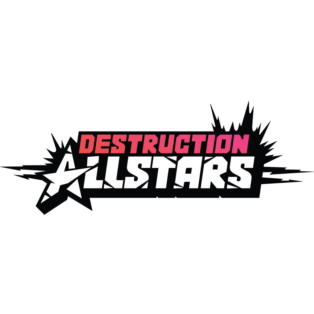 Logo Destruction AllStars. Pogrubiony biały tekst na różowo-czerwonym tle wybuchu z gwiazdą.