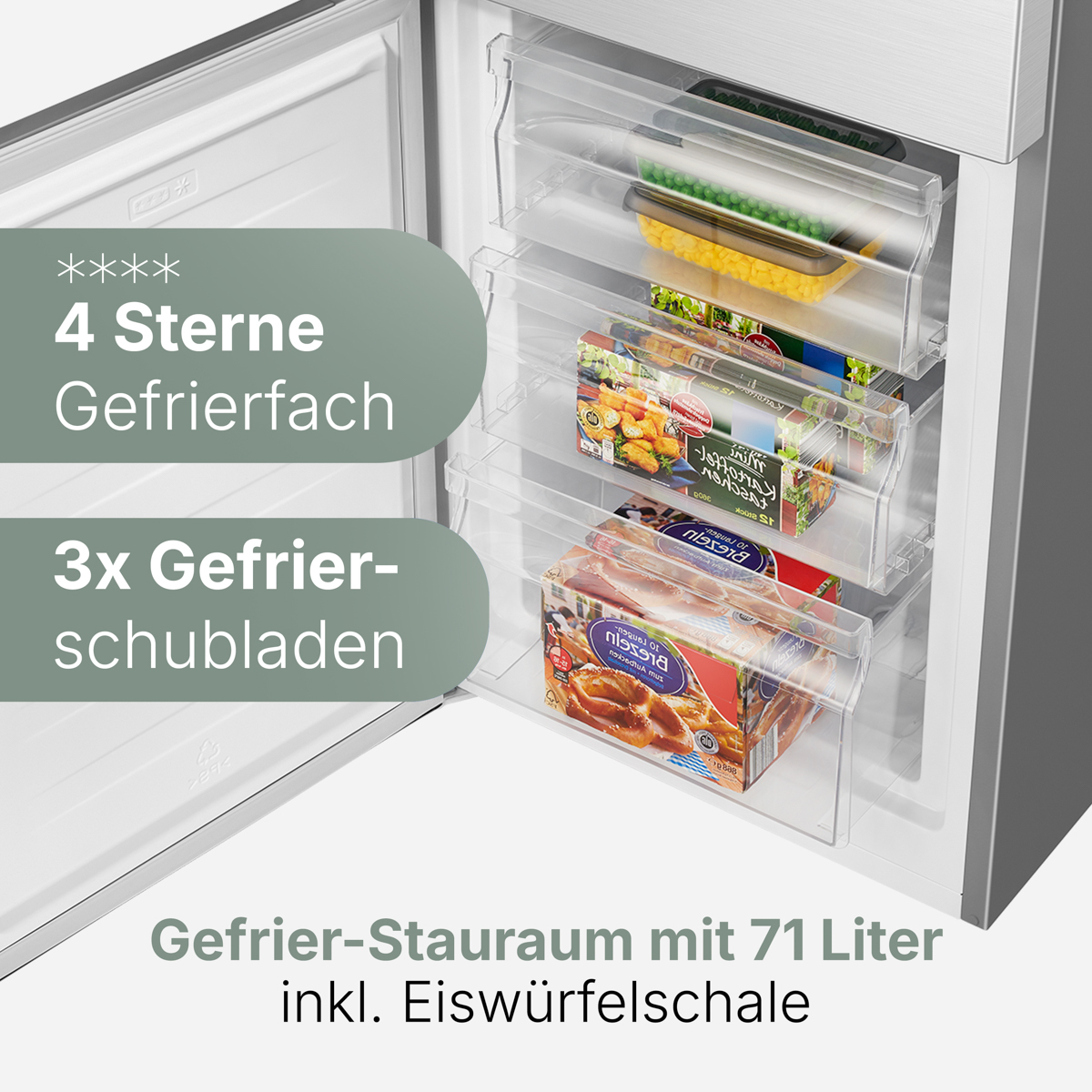 Gefrierfach mit Schubladen mit Tiefkühlkost. Text weist auf 4 Sterne und 3 Schubladen hin. 71 Liter Stauraum.