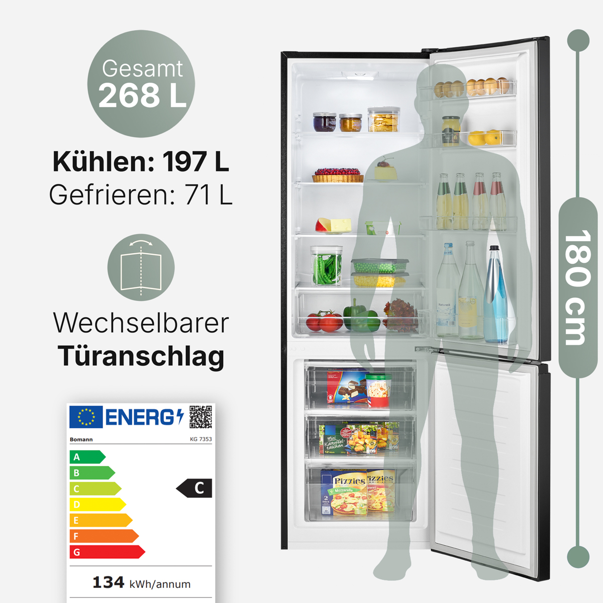 Refrigerador con puertas abiertas. Muestra el interior con comida y silueta humana. Muestra etiqueta energética. Capacidad total y de refrigeración.