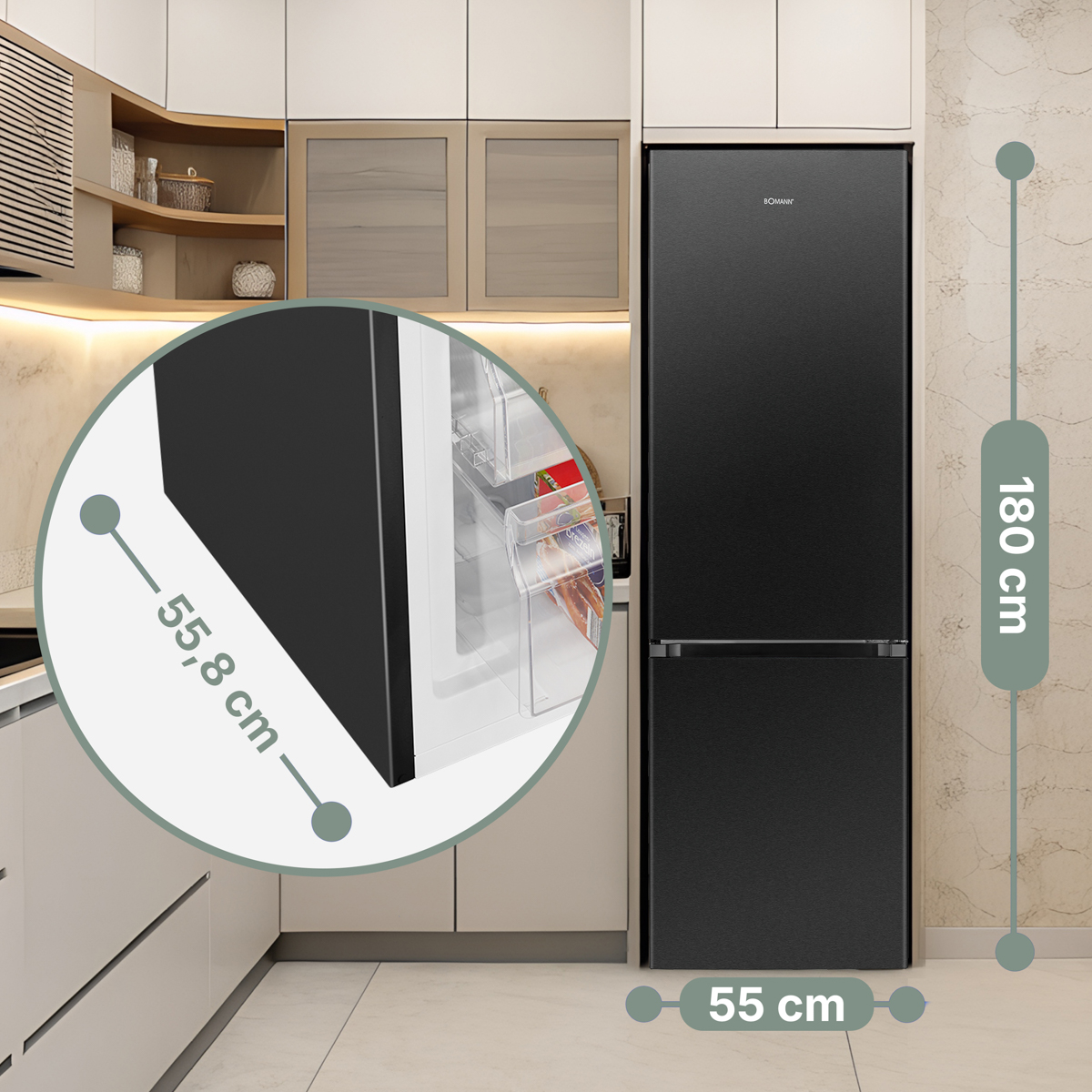 Nevera negra en cocina con medidas: 55 cm ancho, 180 cm alto.