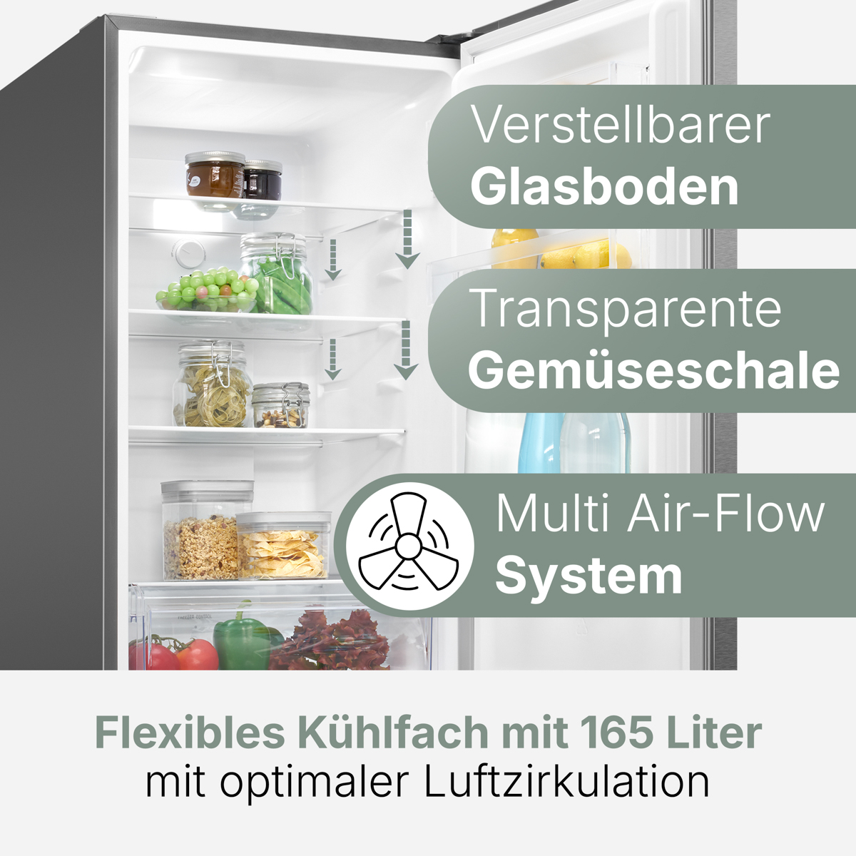 Offener Kühlschrank mit verstellbaren Regalen, Gemüsefach und Multi-Airflow-System.
