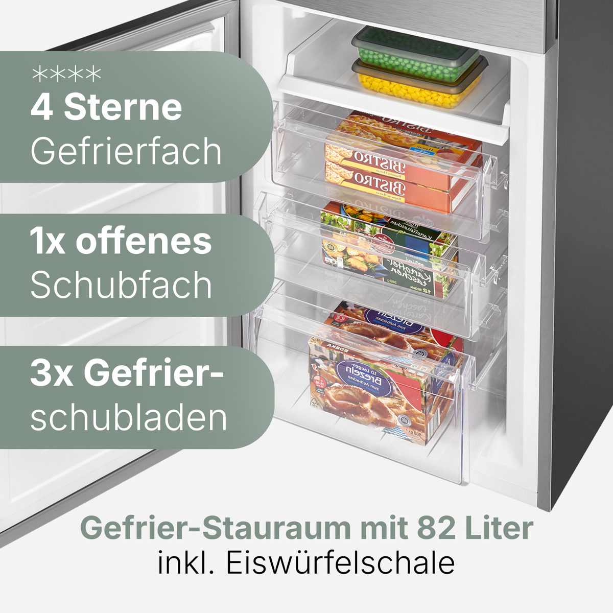 Gefrierschrank mit Gefrierschubladen und Tiefkühlprodukten.