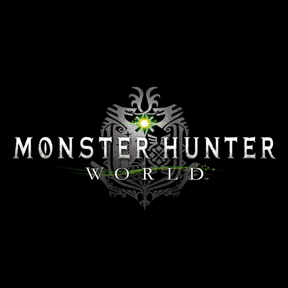 Logotipo de Monster Hunter World. Un escudo plateado con un emblema verde brillante y texto blanco.