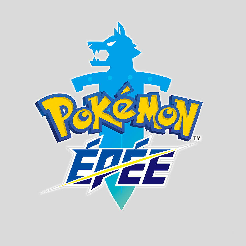 Logo di Pokémon Épée. Una spada blu con testa di lupo, la parola Pokémon e la parola Épée.