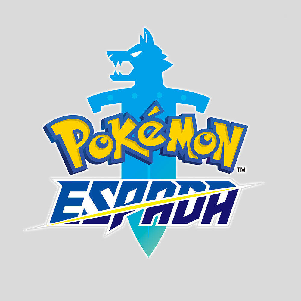 Logo Pokémon z mieczem, kolory niebieski i żółty.