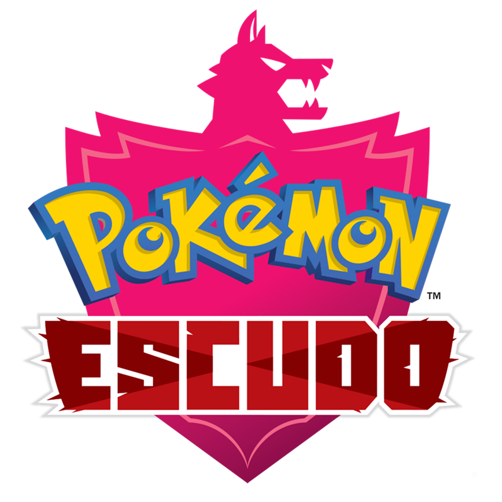 Logo Pokémon Escudo. Różowa tarcza ze słowem Pokémon i słowem Escudo na czerwono.