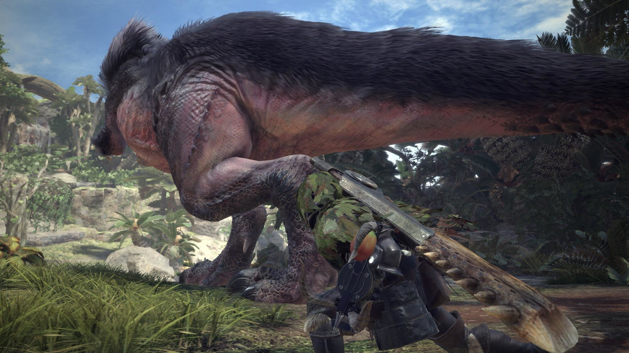 Un cazador frente a un gran monstruo en la jungla.
