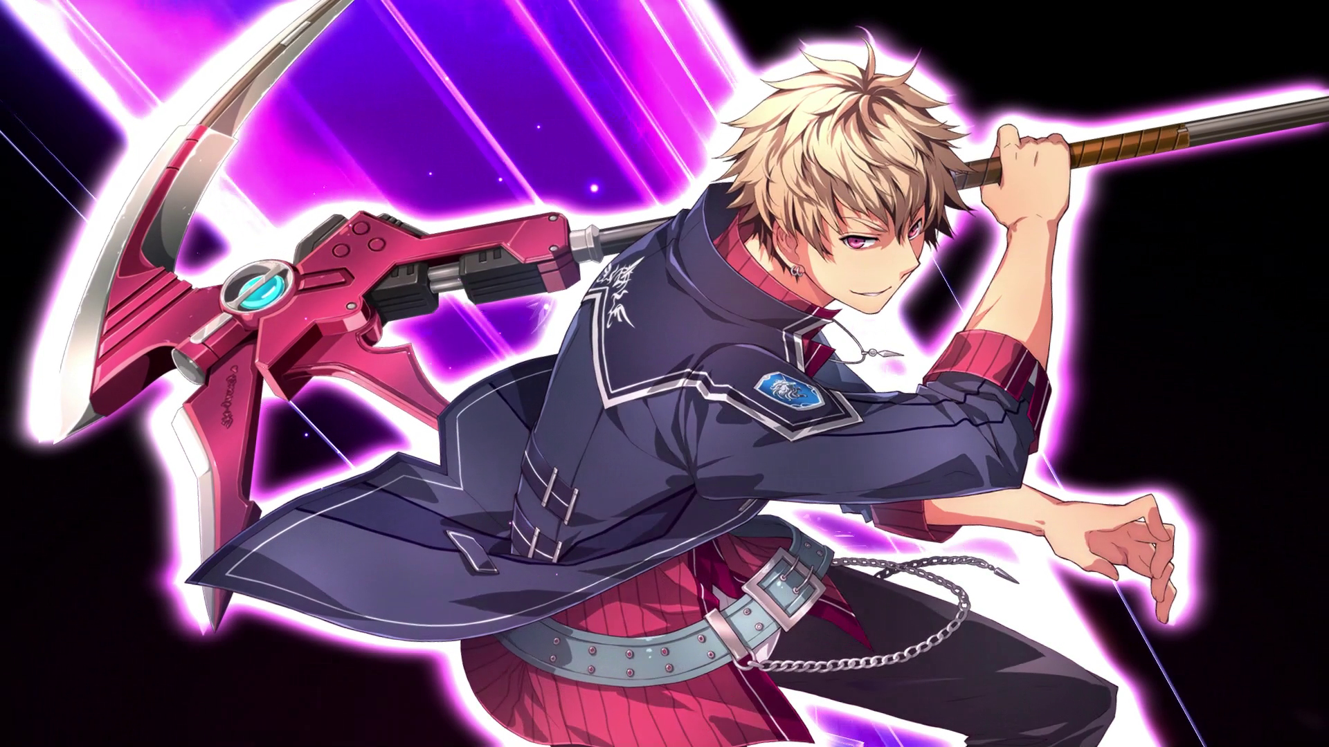 Postać z anime z bronią, trzymająca kosę. Fioletowe i różowe efekty w tle.