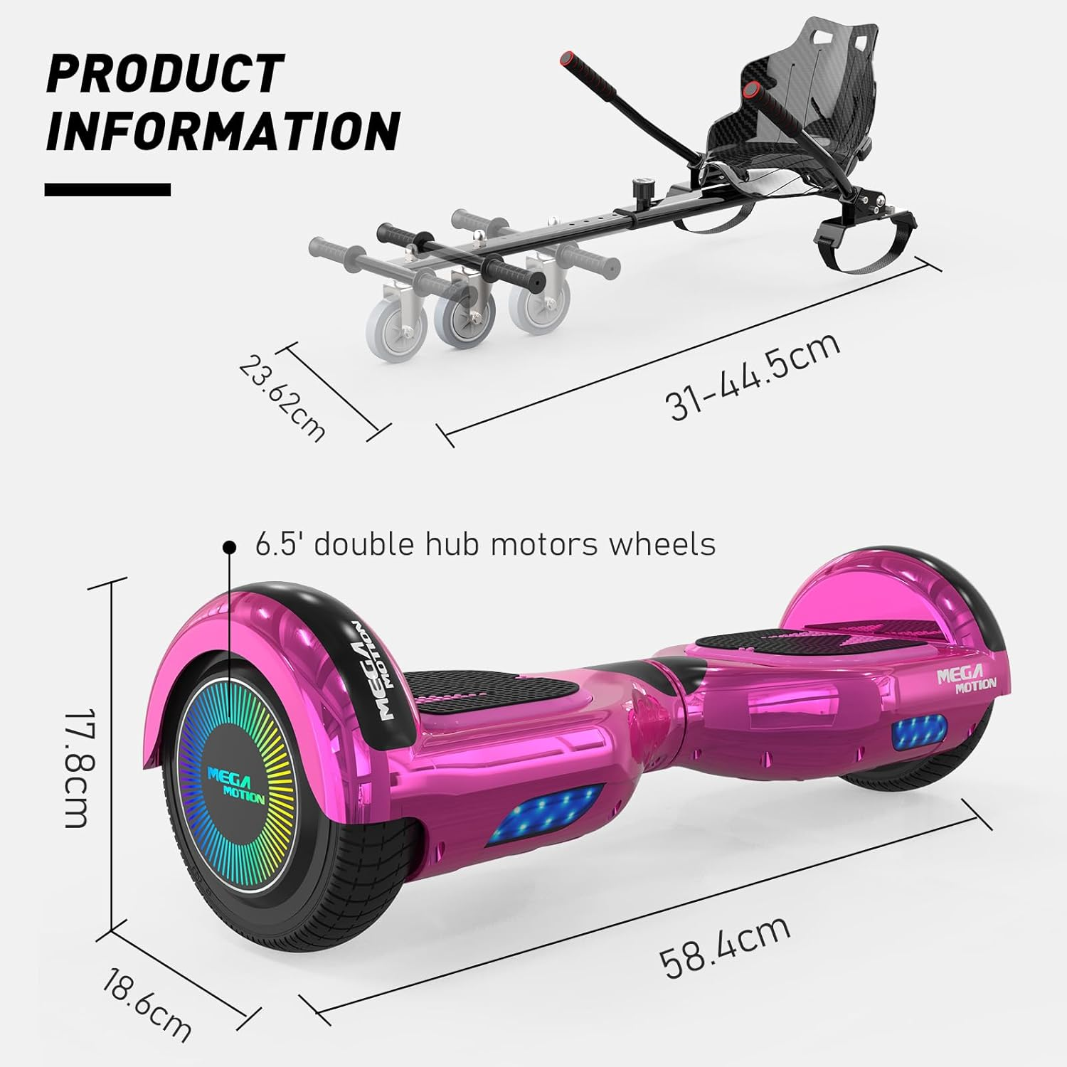 Różowa hoverboard z czarnymi kołami. Wymiary i wózek w tle do porównania rozmiaru.