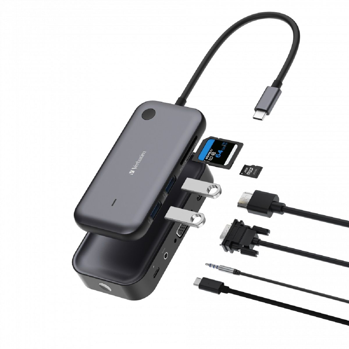 Un hub grigio con varie porte, tra cui USB e HDMI. Diversi connettori e schede sono collegati.