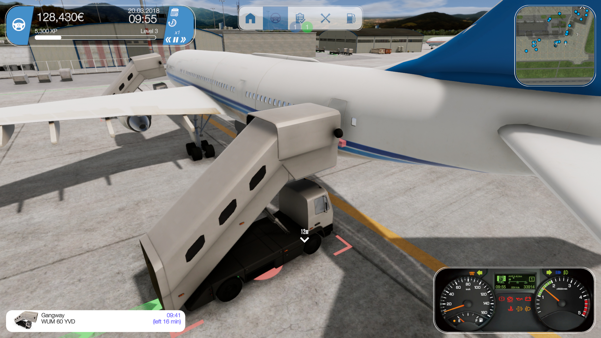 Ein Flugzeug mit Treppen und einem Bedienfeld mit Daten.