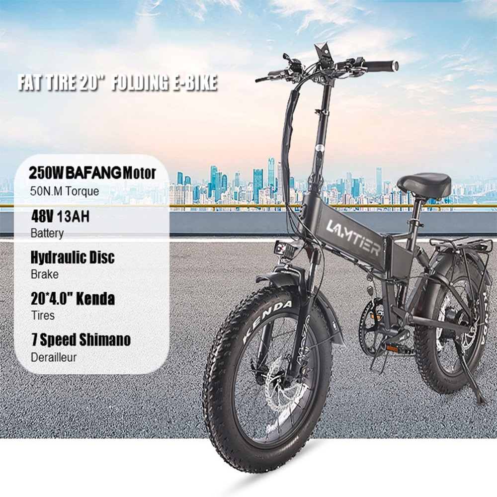 Bicicleta eléctrica plegable negra con superposición de texto. La bicicleta tiene neumáticos anchos y un motor.