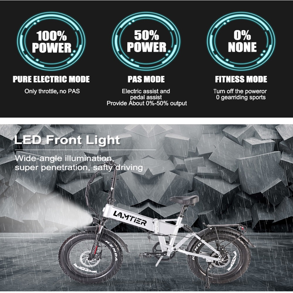 Bicicleta eléctrica con cuadro blanco, faro y gráficos informativos sobre modos de energía.