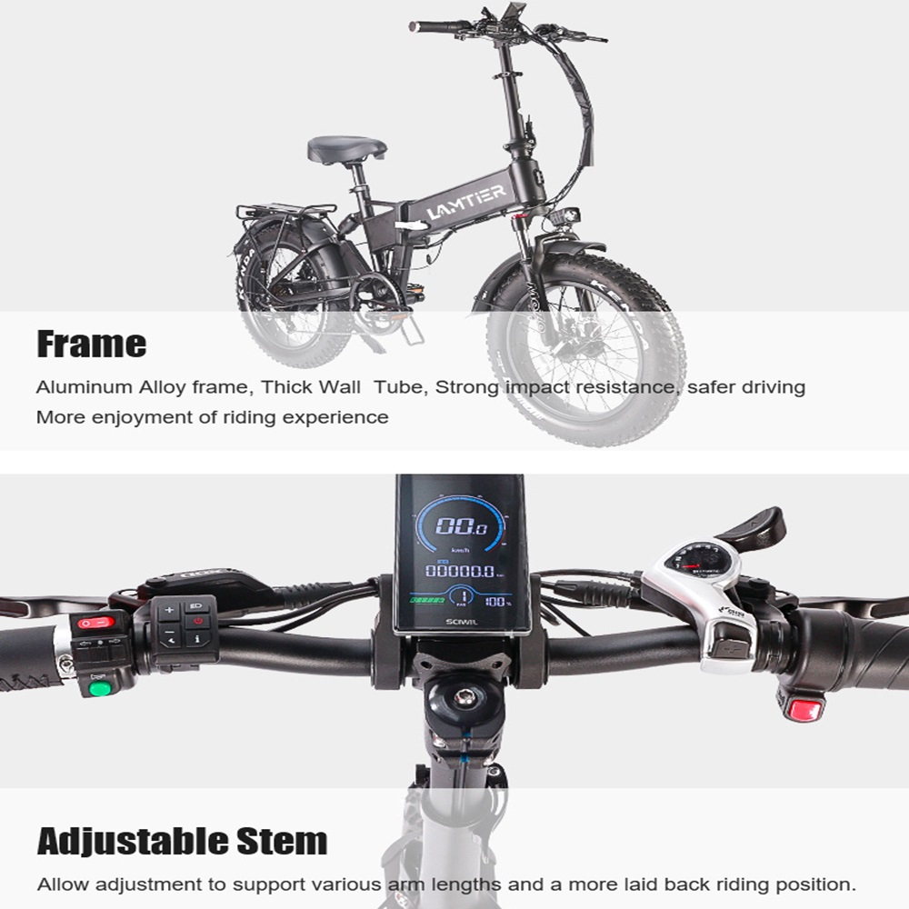 Bicicleta eléctrica negra con descripciones de texto. La bicicleta tiene un cuadro y una potencia ajustable.