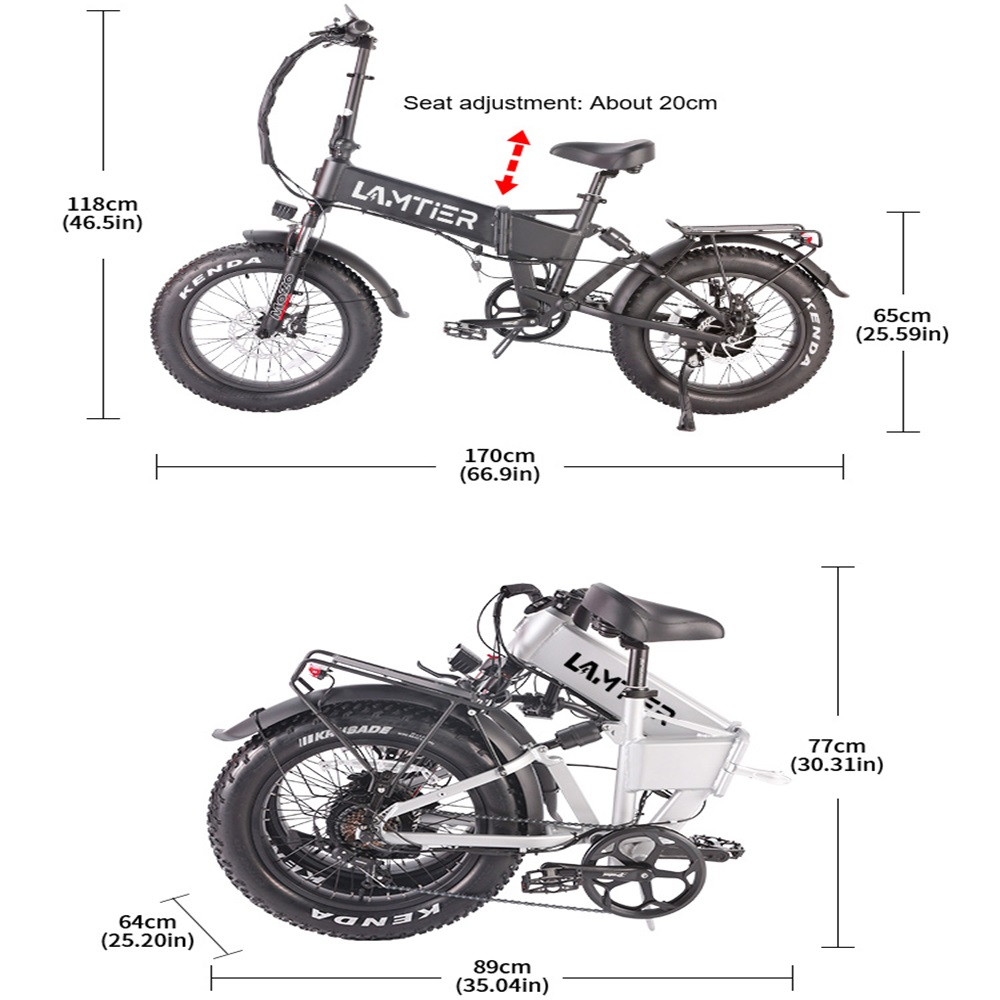 Dimensiones de bicicleta eléctrica blanca: 170 cm largo, 118 cm alto y 77 cm alto plegado.