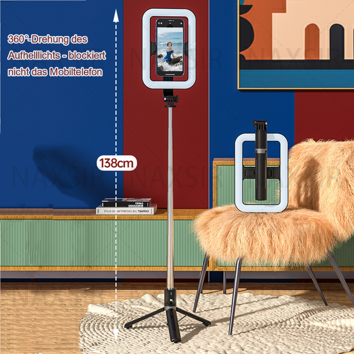 Stativ mit Ringlicht und Telefon, Stuhl, Bücher. Inneneinrichtung.