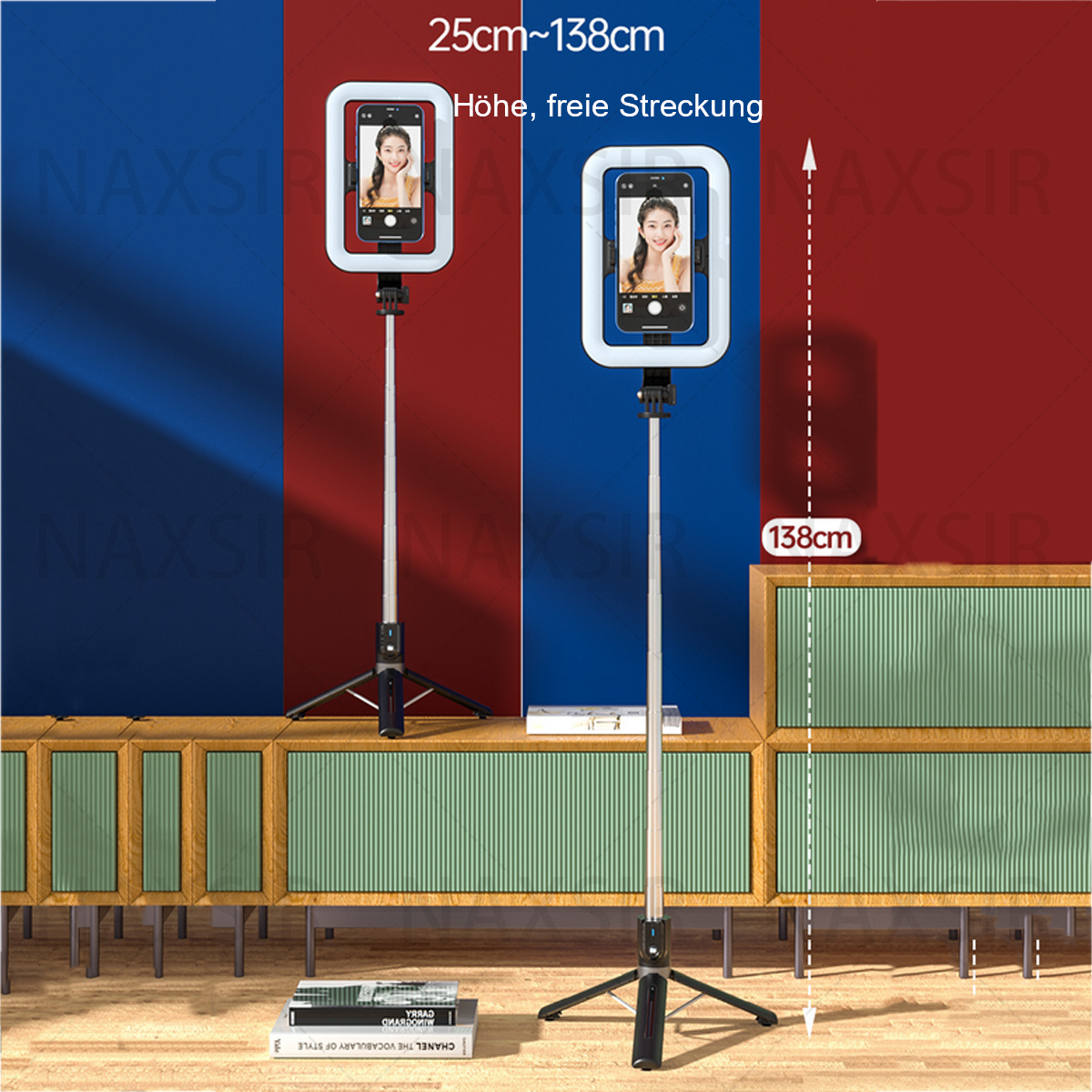 Zwei Selfie-Sticks mit Lichtern, einer auf 138 cm ausgefahren, rot/blauer Hintergrund.