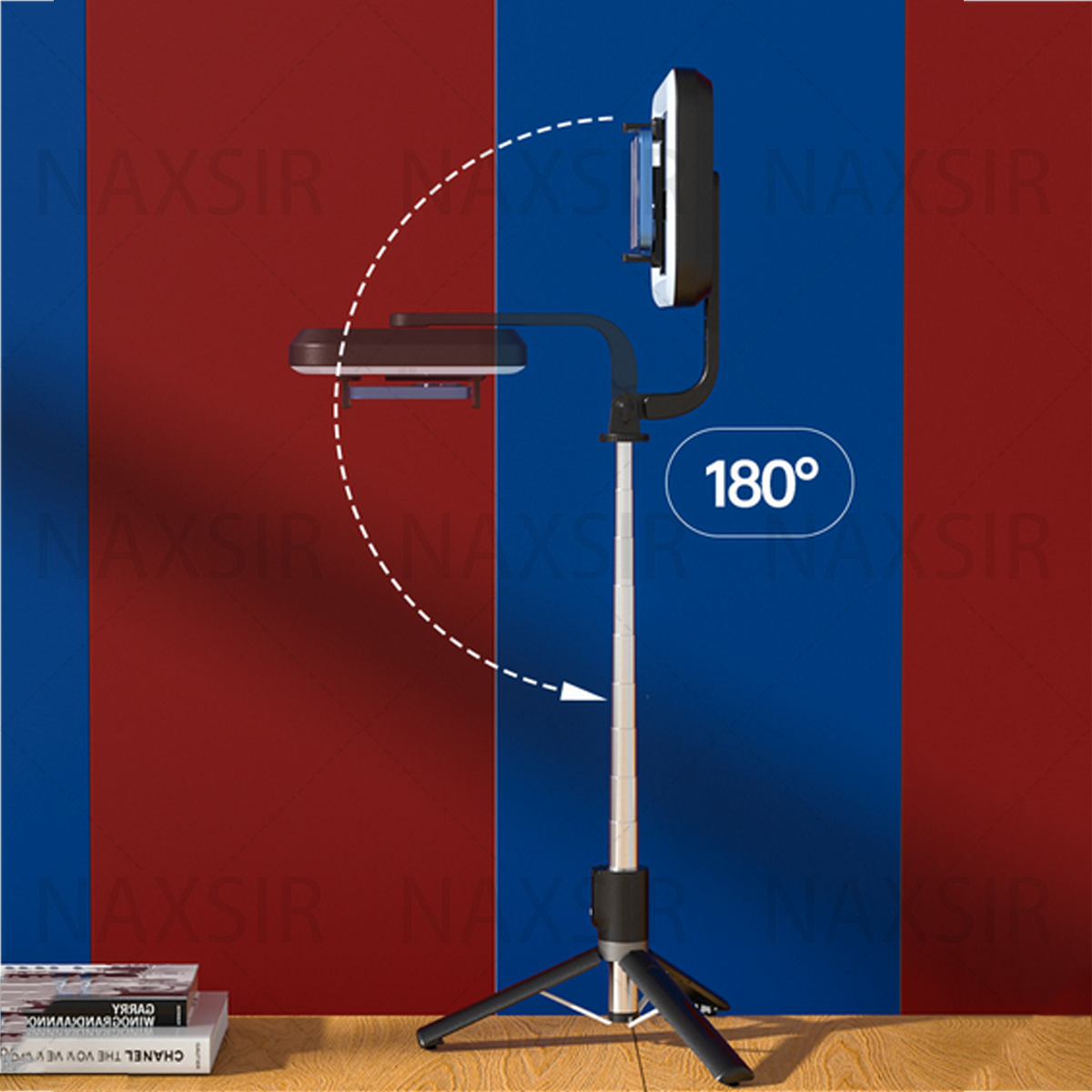 Ein Ständer mit Telefonhalter und Licht, auf rotem/blauem Hintergrund, 180-Grad-Drehung.