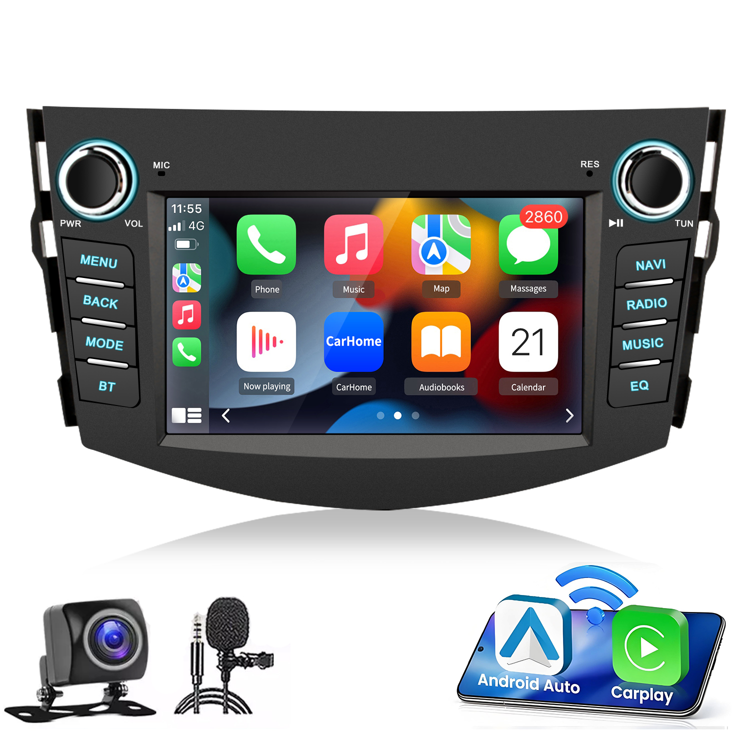 Car-Multimedia-System mit Apps auf dem Bildschirm und zusätzlicher Hardware wie Kamera und Mikrofon.