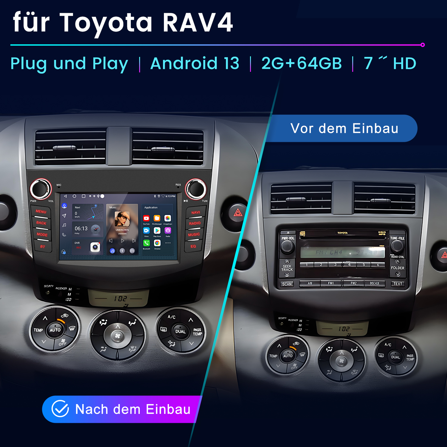 Ein Autoradio-Bildschirm, der Navigation und Musik zeigt, installiert in einem Toyota RAV4 Armaturenbrett.
