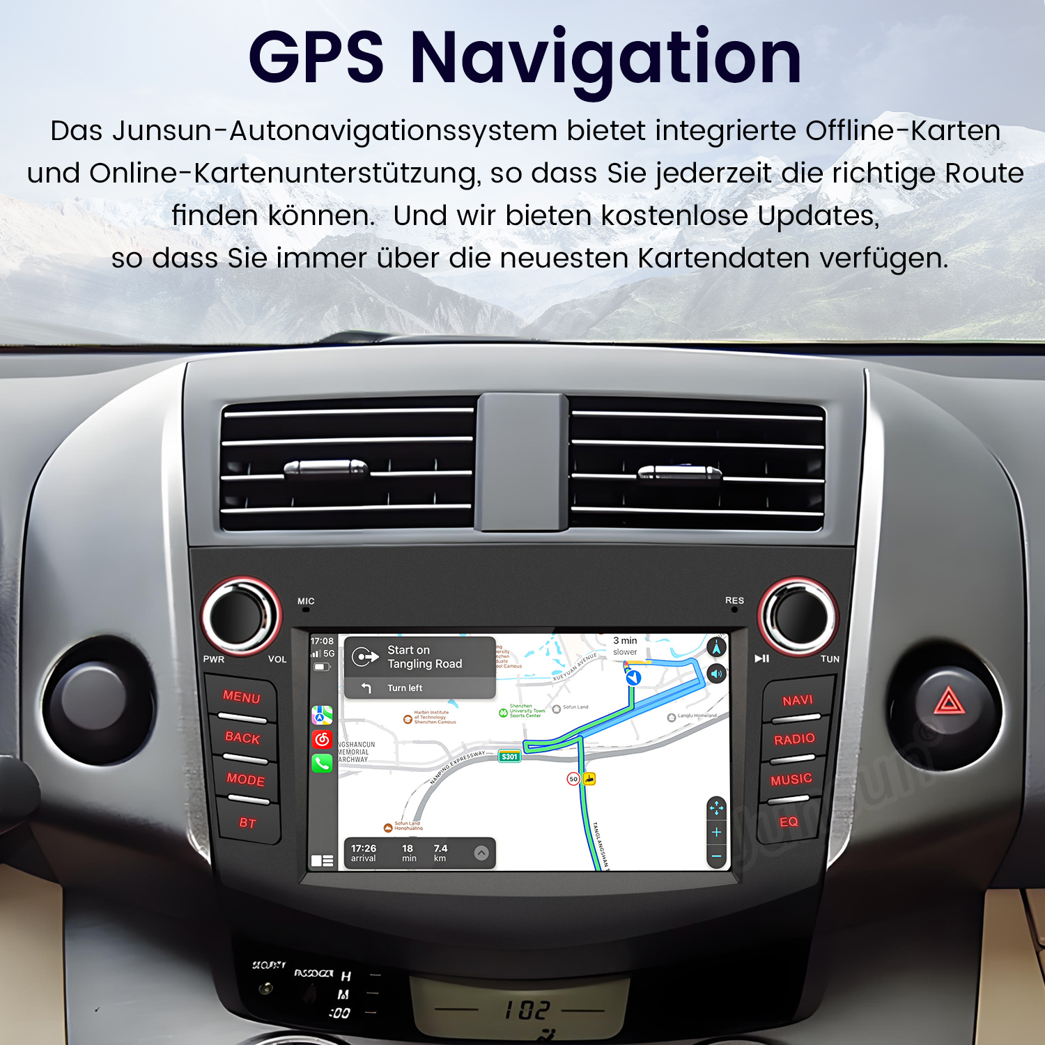 Multimedia-System des Autos mit GPS-Navigation, Karte, Steuertasten und Fahrzeuginnenraum.