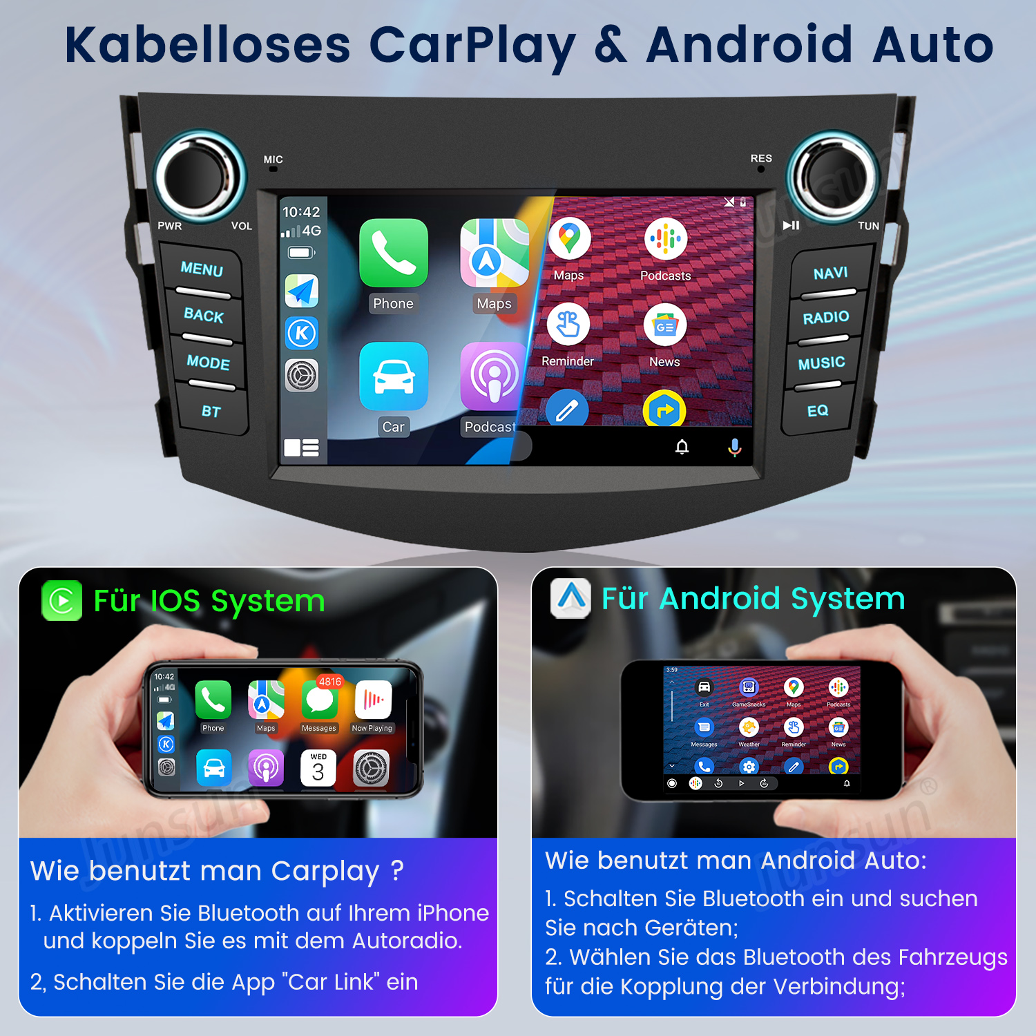 Car-Multimedia-System mit CarPlay- und Android Auto-Funktionen. Zeigt Apps an und hat Tasten zur Steuerung.