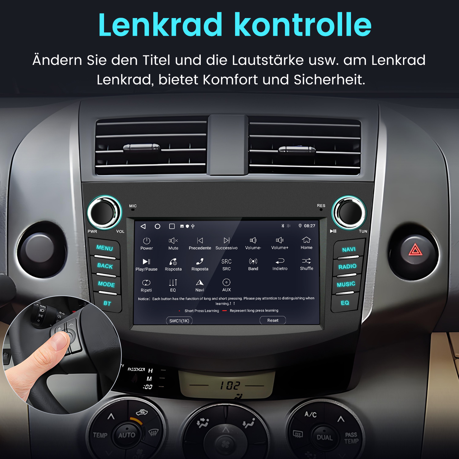 Ein Armaturenbrett mit einem Autoradio-Bildschirm, der Radioinformationen und ein Lenkrad anzeigt.