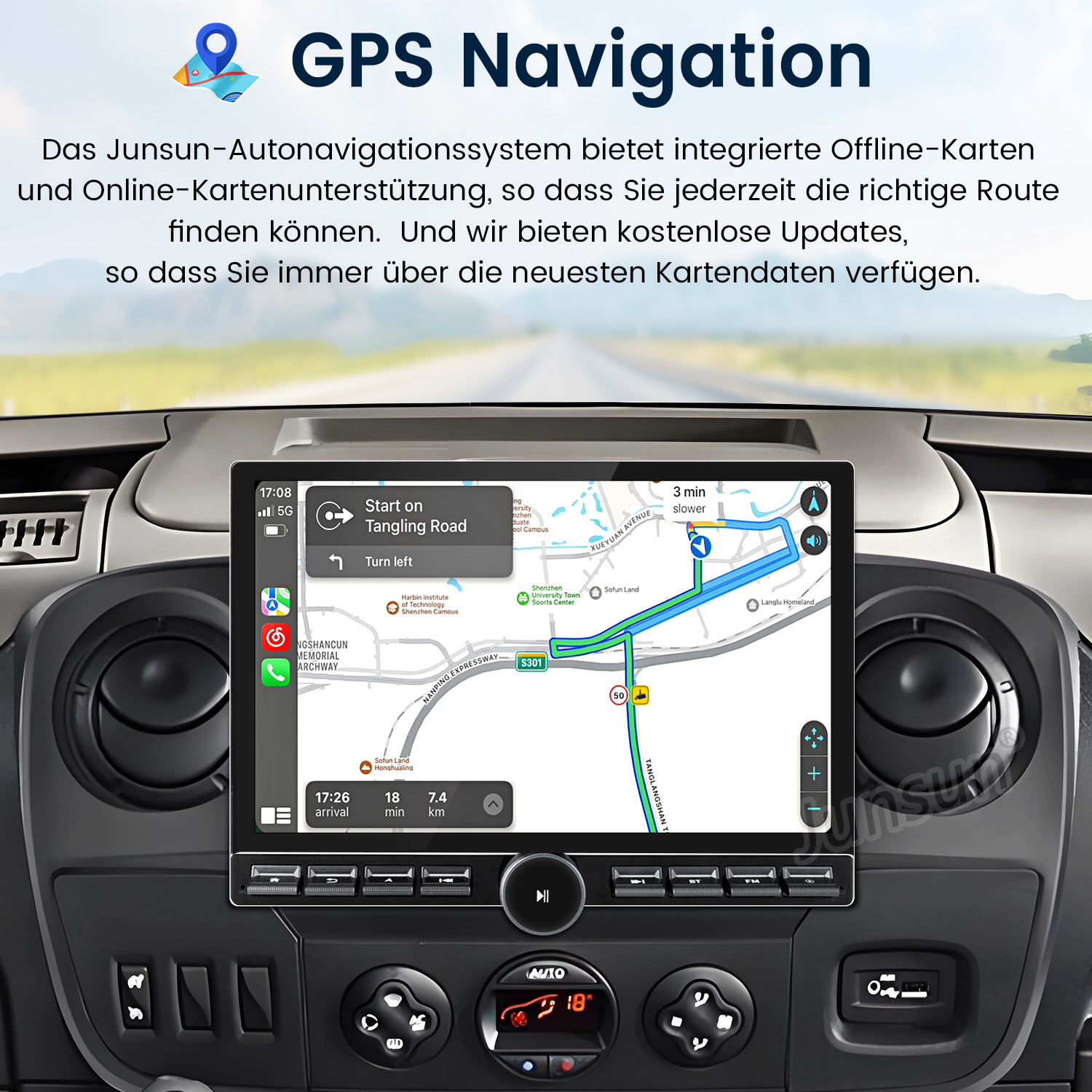Ein Armaturenbrett, das GPS-Navigation auf dem Bildschirm anzeigt.