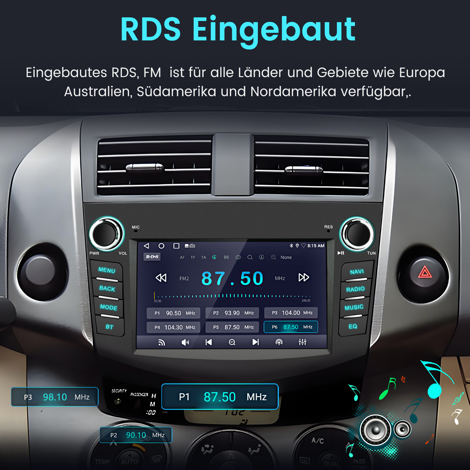 Ein Armaturenbrett mit einem Radiobildschirm, der Radiosenderinformationen anzeigt.