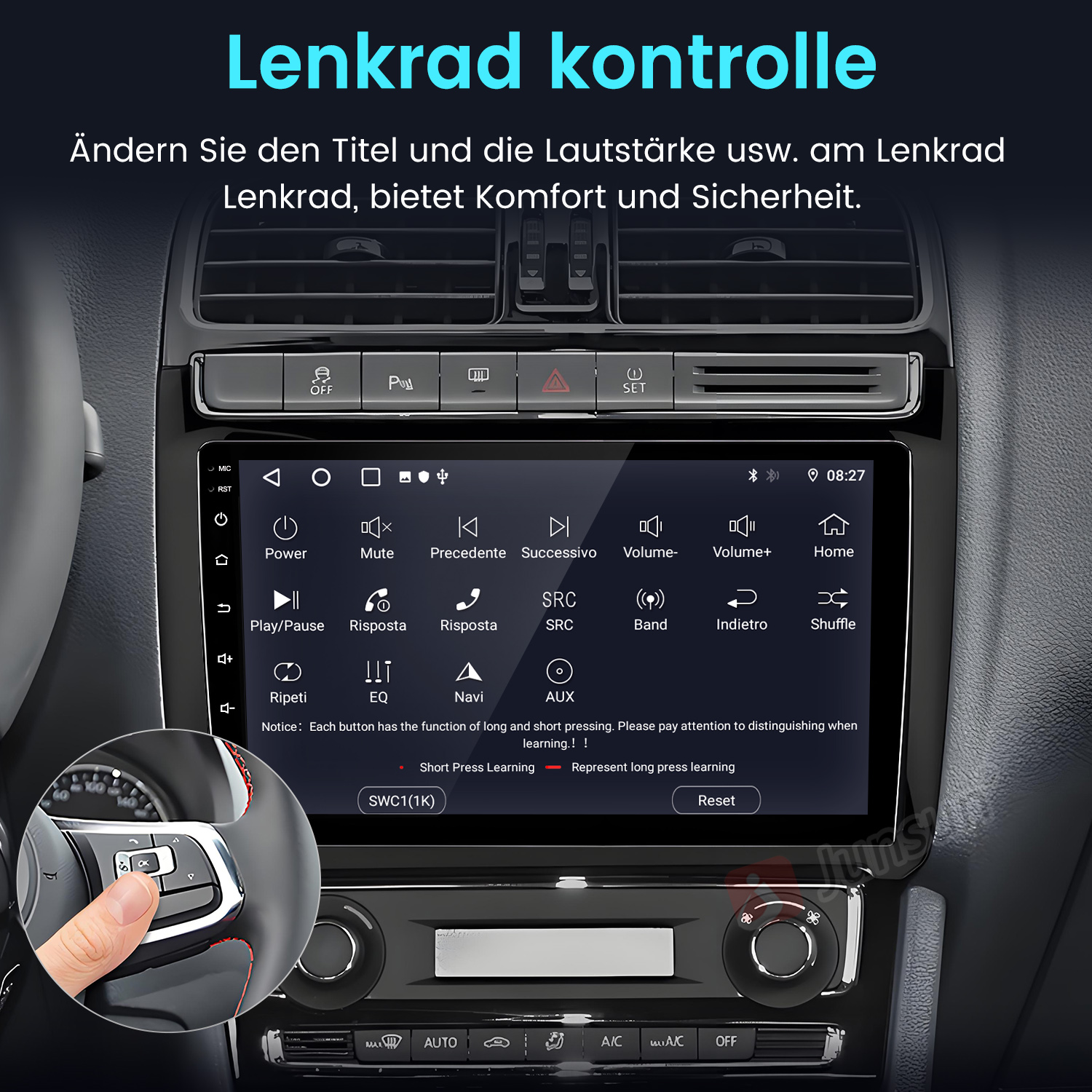 Deska rozdzielcza z ekranem radia samochodowego wyświetlającym informacje o radiu i kierownicę.