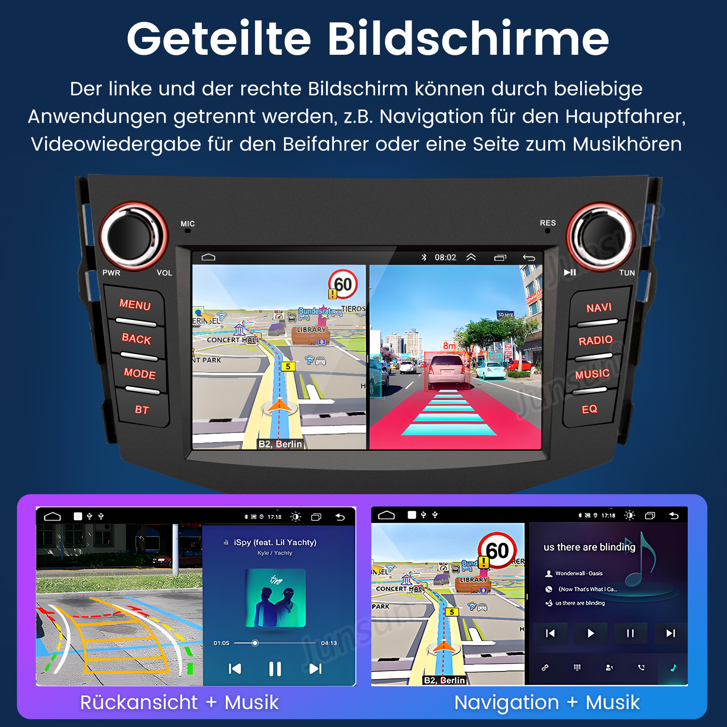 Ein Armaturenbrett mit einem in zwei Teile geteilten Bildschirm, der Navigation und Musik anzeigt.