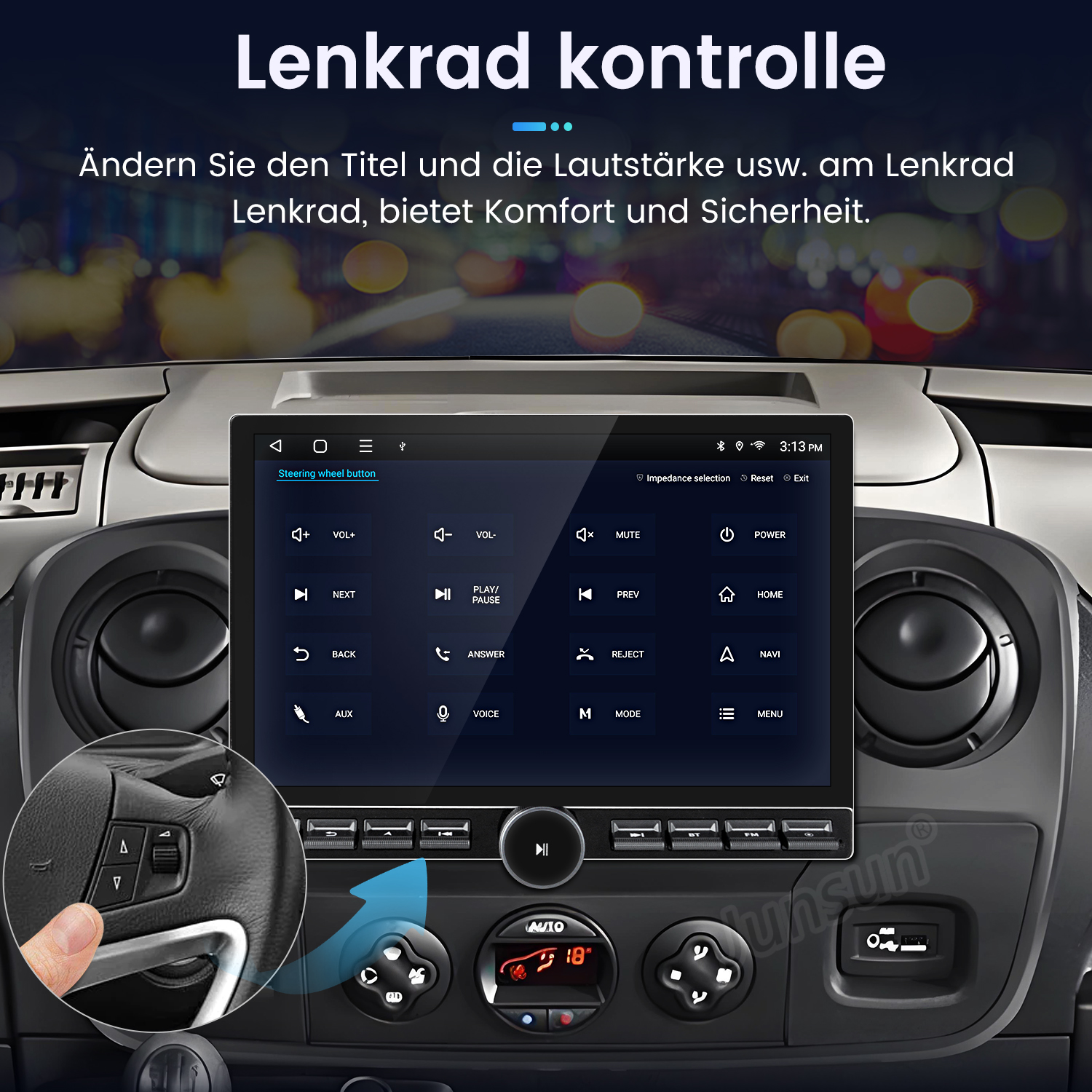 Armaturenbrett mit Touchscreen, Knöpfen und einer Hand am Lenkrad mit Knöpfen.