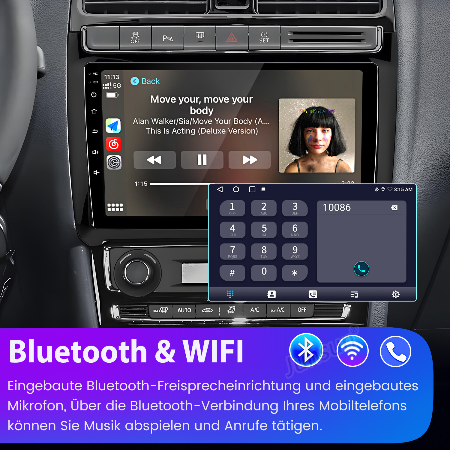 Deska rozdzielcza samochodu z ekranem wyświetlającym muzykę i dialerem telefonicznym.