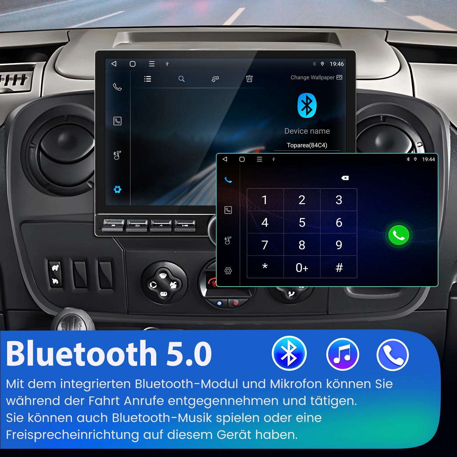Ein Armaturenbrett mit Bluetooth 5.0-Funktionen und einem Telefon-Wähltastenfeld auf dem Bildschirm.