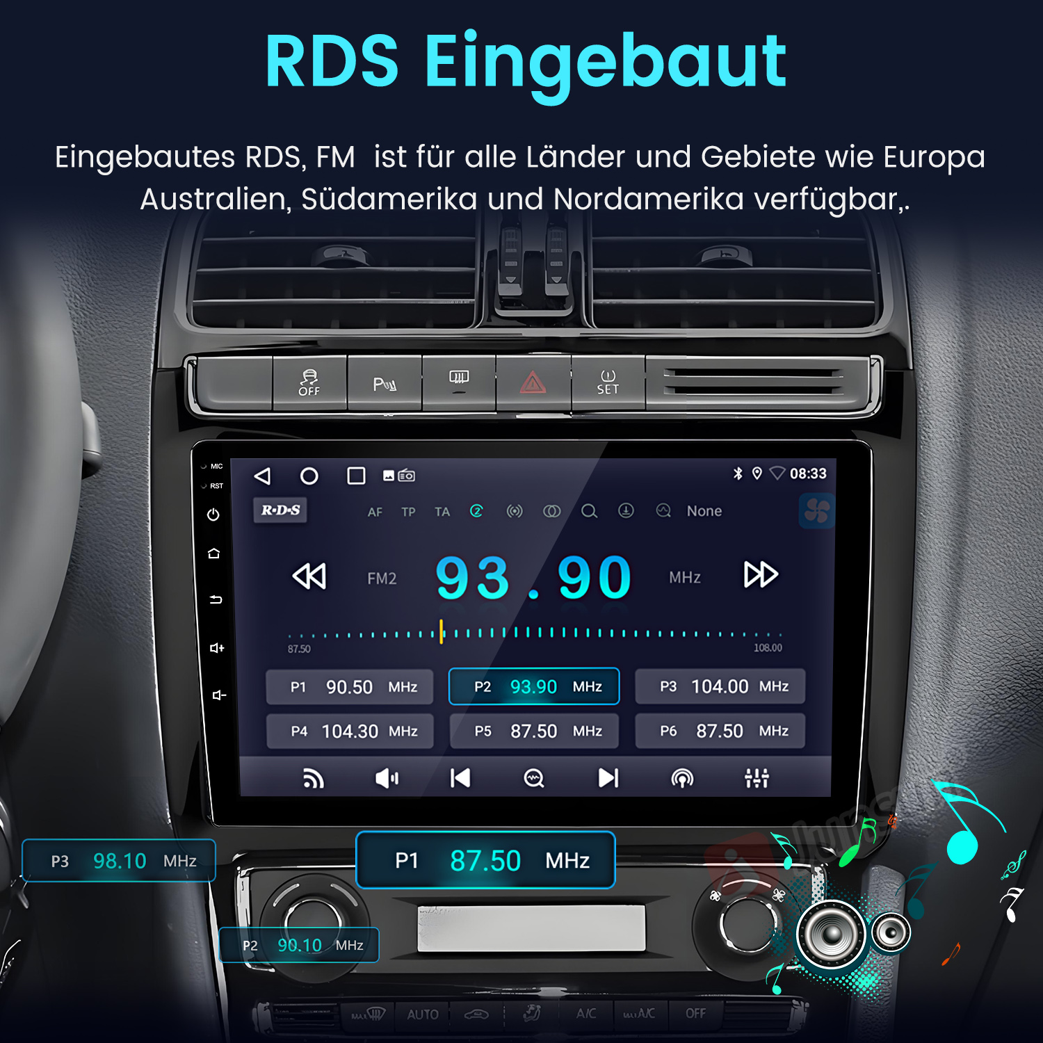 Auto-Armaturenbrett mit Radiobildschirm, der Radiosender anzeigt und Musiknoten in der Ecke.