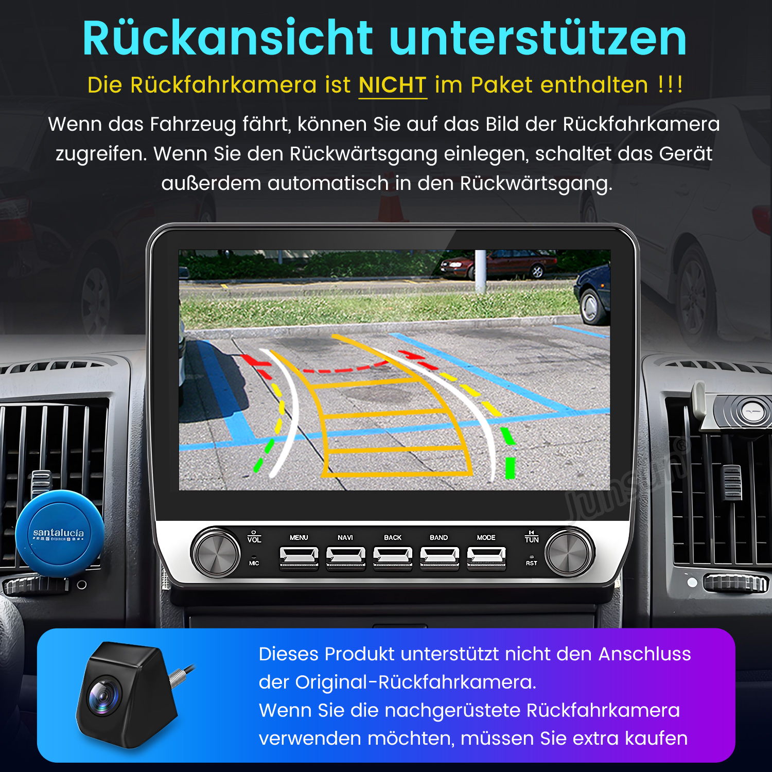 Auto-Armaturenbrett mit Bildschirm, der eine Rückfahrkameraansicht anzeigt.