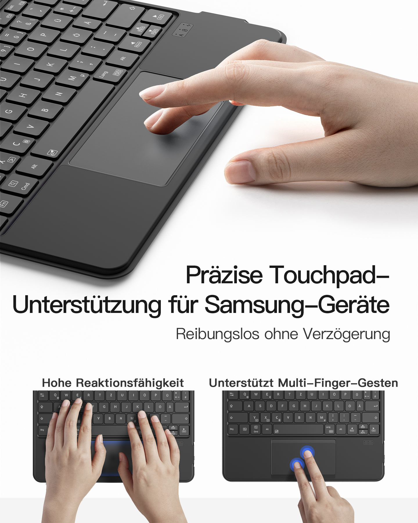 Tastatur mit Touchpad und Text zur Unterstützung von Samsung-Geräten.